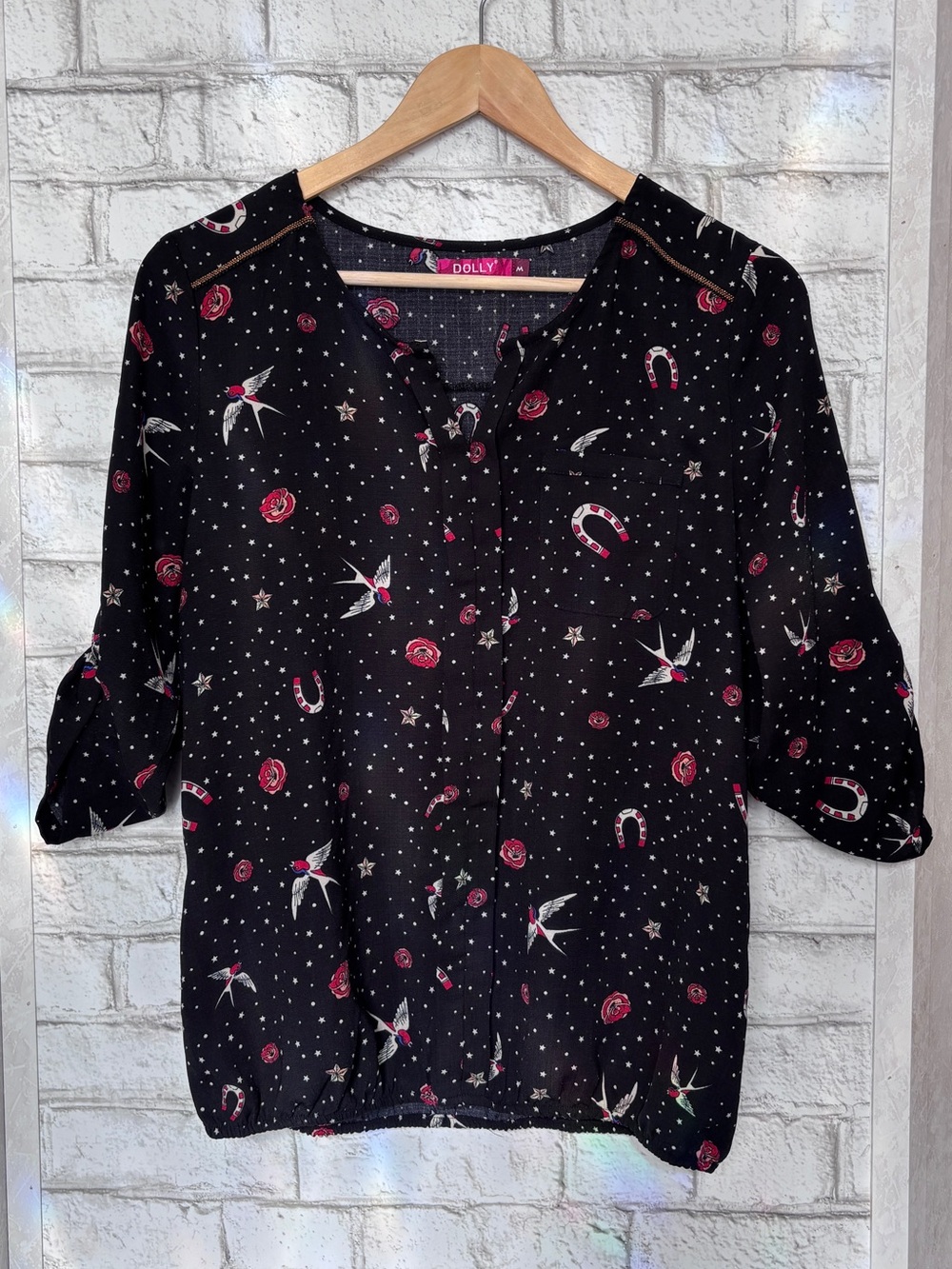 Dolly Black Blouse with Red Rose & Star Print